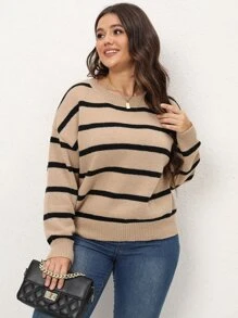 Calvaya 加大码条纹图案落肩针织套头衫，适合秋冬季节穿着。 - 卡其色 - 查看 5