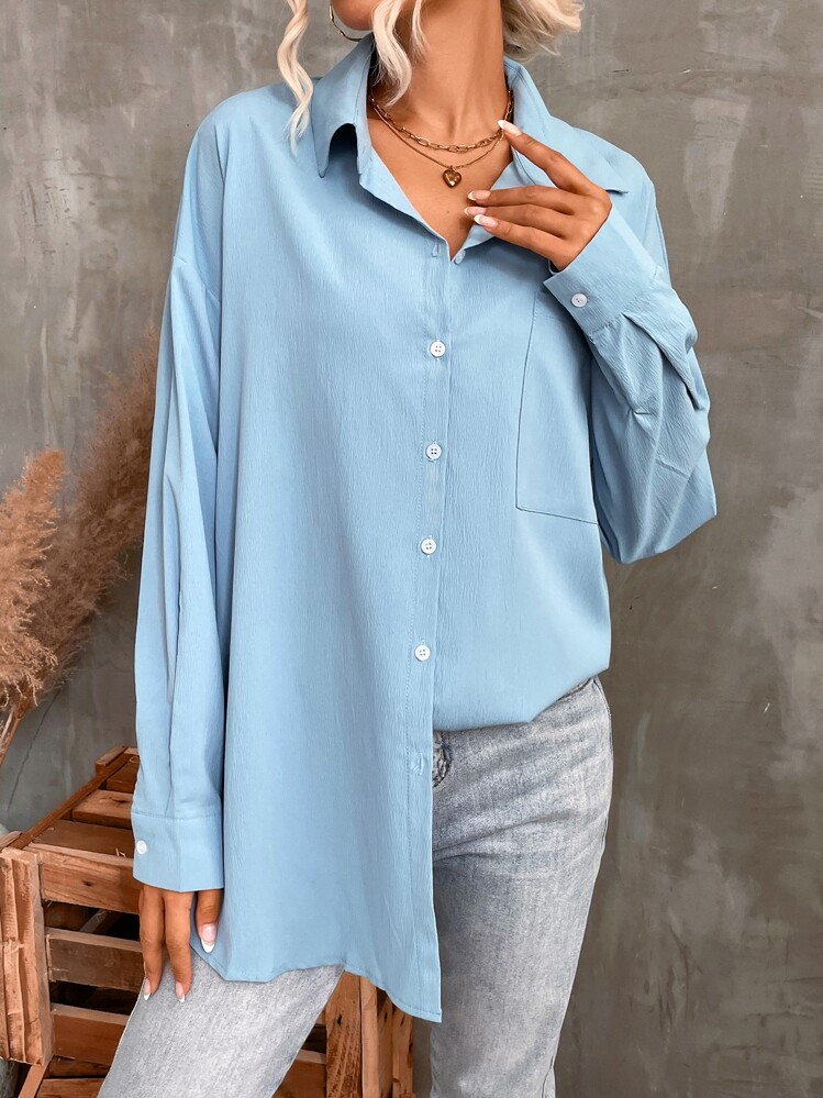 SHEIN Unity Pocket Front Drop Shoulder High Low Shirt - Baby Blue - View 1
