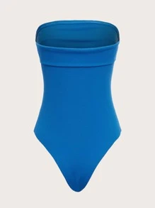 SHEIN EZwear Foldover Ribbed Knit Tube Bodysuit - Blue - View 2