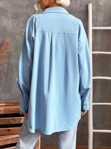 SHEIN Unity Pocket Front Drop Shoulder High Low Shirt - Baby Blue - View 2