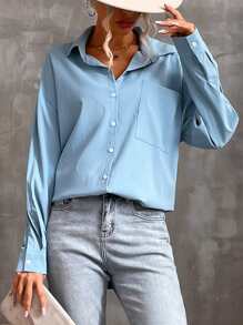 SHEIN Unity Pocket Front Drop Shoulder High Low Shirt - Baby Blue - View 3