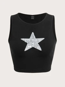 Muchica Star Sequins Crop Tank Top