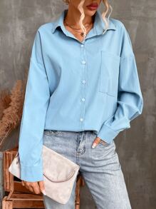 SHEIN Unity Pocket Front Drop Shoulder High Low Shirt - Baby Blue - View 4