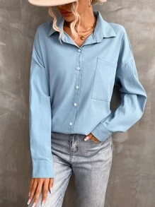 SHEIN Unity Pocket Front Drop Shoulder High Low Shirt - Baby Blue - View 5