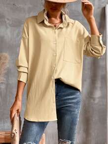 Aveloria Camisa con bolsillo delantero de hombros caídos irregular - Caqui - Ver 5