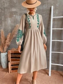 SHEIN LUNE Floral Embroidery Notched Neckline Lantern Sleeve Dress - Khaki - View 5