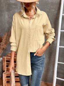 Aveloria Camisa con bolsillo delantero de hombros caídos irregular - Caqui - Ver 6