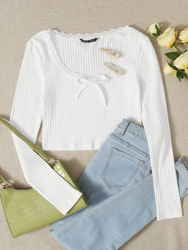 SHEIN EZwear Summer White Ieșire Balletcore Dantela Trim Fundă Față Rib-Knit Scurt StyleTop