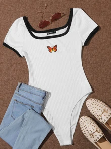 SHEIN EZwear Butterfly Print Ringer Bodysuit - White - View 7