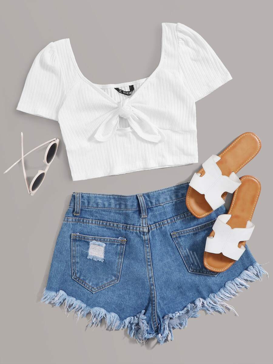 SHEIN EZwear Tie Front Rib-knit Crop Top - White - View 1