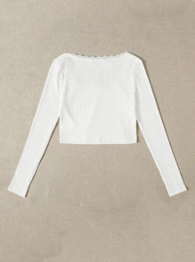 SHEIN EZwear Top de estilo corto de punto acanalado con ribete de encaje, lazo delantero, para salir en verano en estilo ballet, color blanco - Blanco - Ver 2