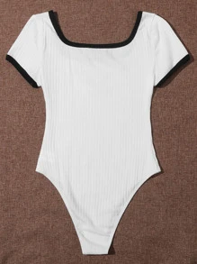 SHEIN EZwear Butterfly Print Ringer Bodysuit - White - View 2