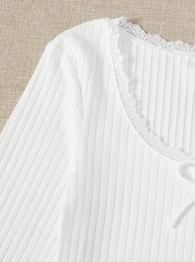 SHEIN EZwear Top de estilo corto de punto acanalado con ribete de encaje, lazo delantero, para salir en verano en estilo ballet, color blanco - Blanco - Ver 3