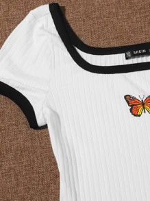 SHEIN EZwear Butterfly Print Ringer Bodysuit - White - View 3