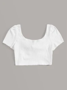 SHEIN EZwear Tie Front Rib-knit Crop Top - White - View 2