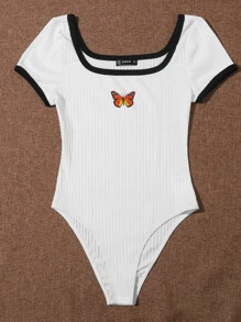 SHEIN EZwear Butterfly Print Ringer Bodysuit - White - View 4