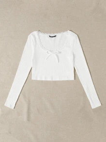 SHEIN EZwear Top de estilo corto de punto acanalado con ribete de encaje, lazo delantero, para salir en verano en estilo ballet, color blanco - Blanco - Ver 4