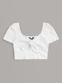 SHEIN EZwear Tie Front Rib-knit Crop Top - White - View 3