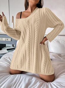 Calvaya Plus Cable Knit Sweater Dress - Beige - View 7