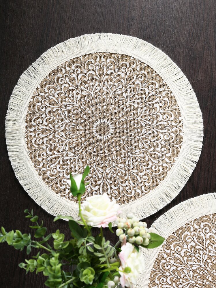 1pc Scroll Pattern Fringe Trim Placemat, Vintage Round Table Mat For Household - Multicolor - View 2