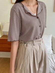 DAZY Áo thun kẻ caro cài nút phía trước - màu nâu - Xem 1