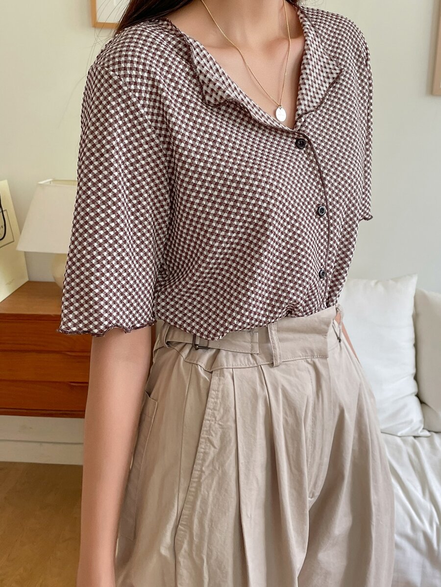 DAZY Áo thun kẻ caro cài nút phía trước - màu nâu - Xem 1