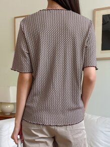 DAZY Áo thun kẻ caro cài nút phía trước - màu nâu - Xem 2