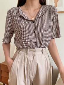 DAZY Áo thun kẻ caro cài nút phía trước - màu nâu - Xem 5