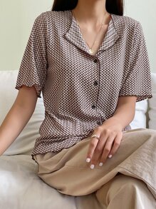 DAZY Áo thun kẻ caro cài nút phía trước - màu nâu - Xem 6