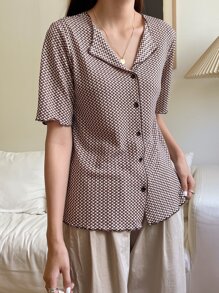 DAZY Áo thun kẻ caro cài nút phía trước - màu nâu - Xem 7