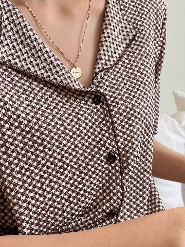 DAZY Áo thun kẻ caro cài nút phía trước - màu nâu - Xem 8
