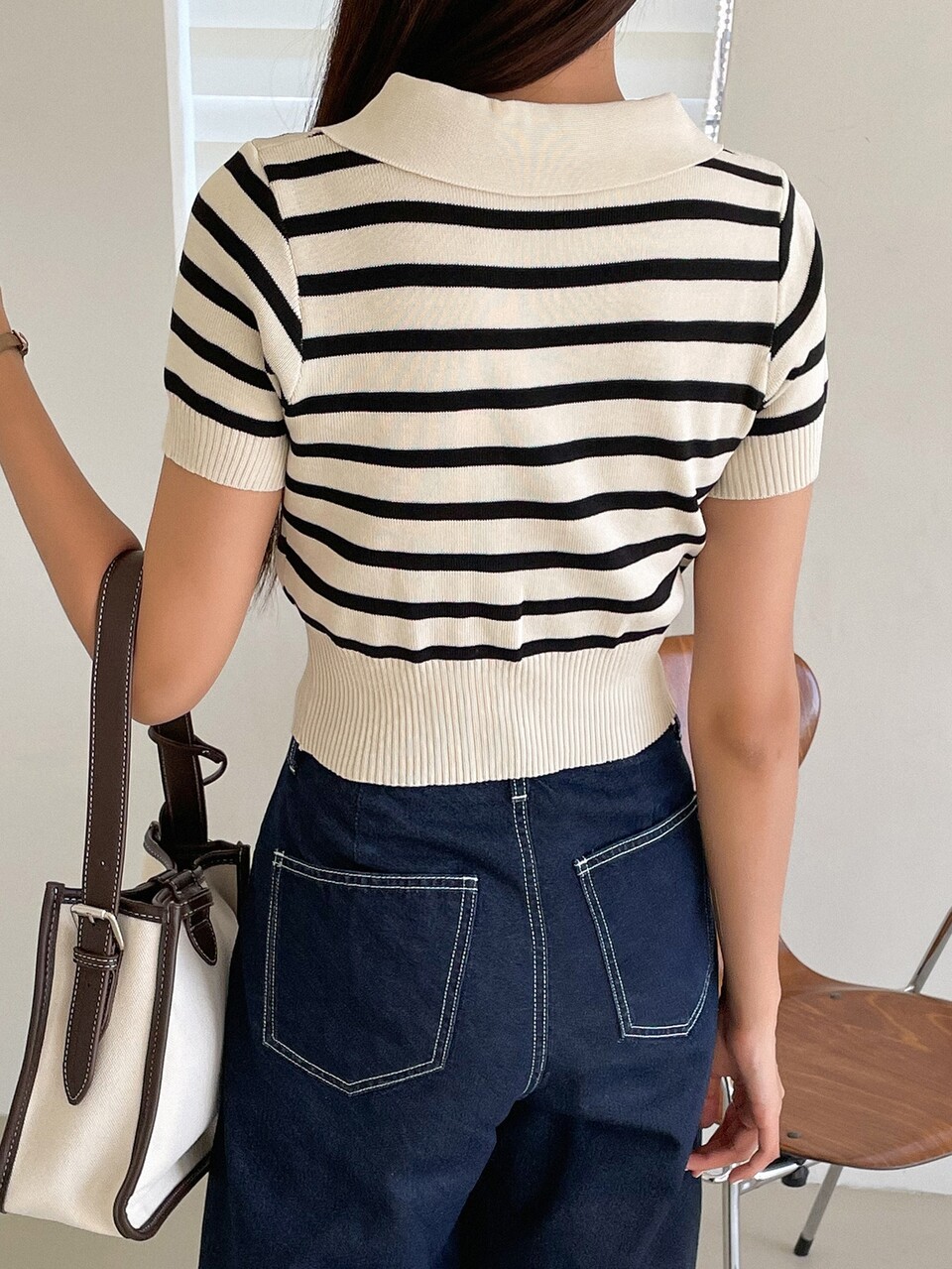 Striped Pattern Polo Neck Knit Top