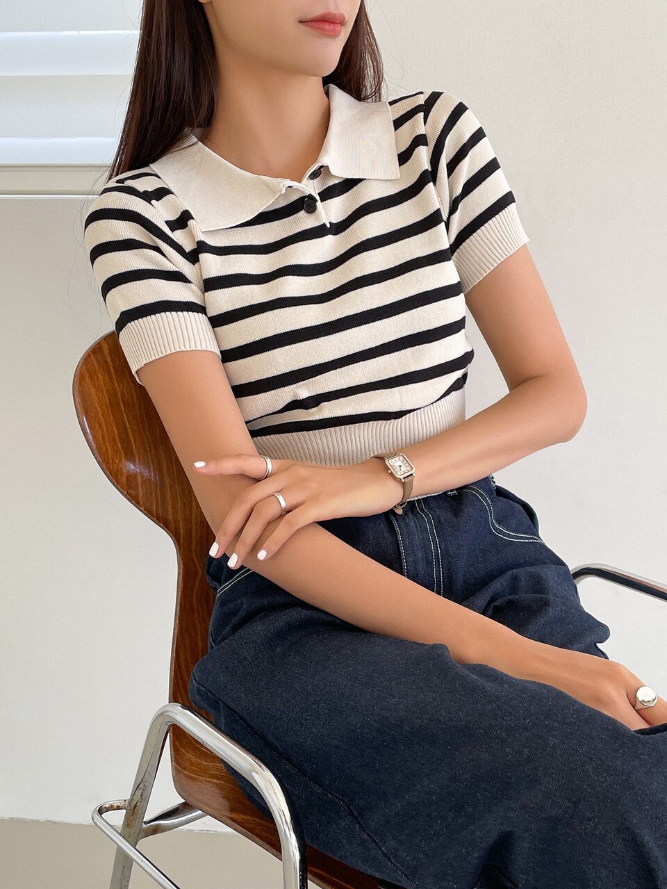 Striped Pattern Polo Neck Knit Top