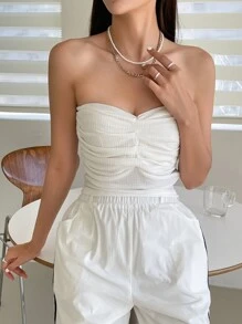 DAZY 褶饰短款抹胸外出上衣 - 白色 - 查看 7