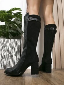 Crocodile Embossed Side Zip Buckle Decor Chunky Heeled Riding Boots - Black - View 2