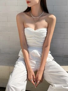 DAZY 褶饰短款抹胸外出上衣 - 白色 - 查看 9