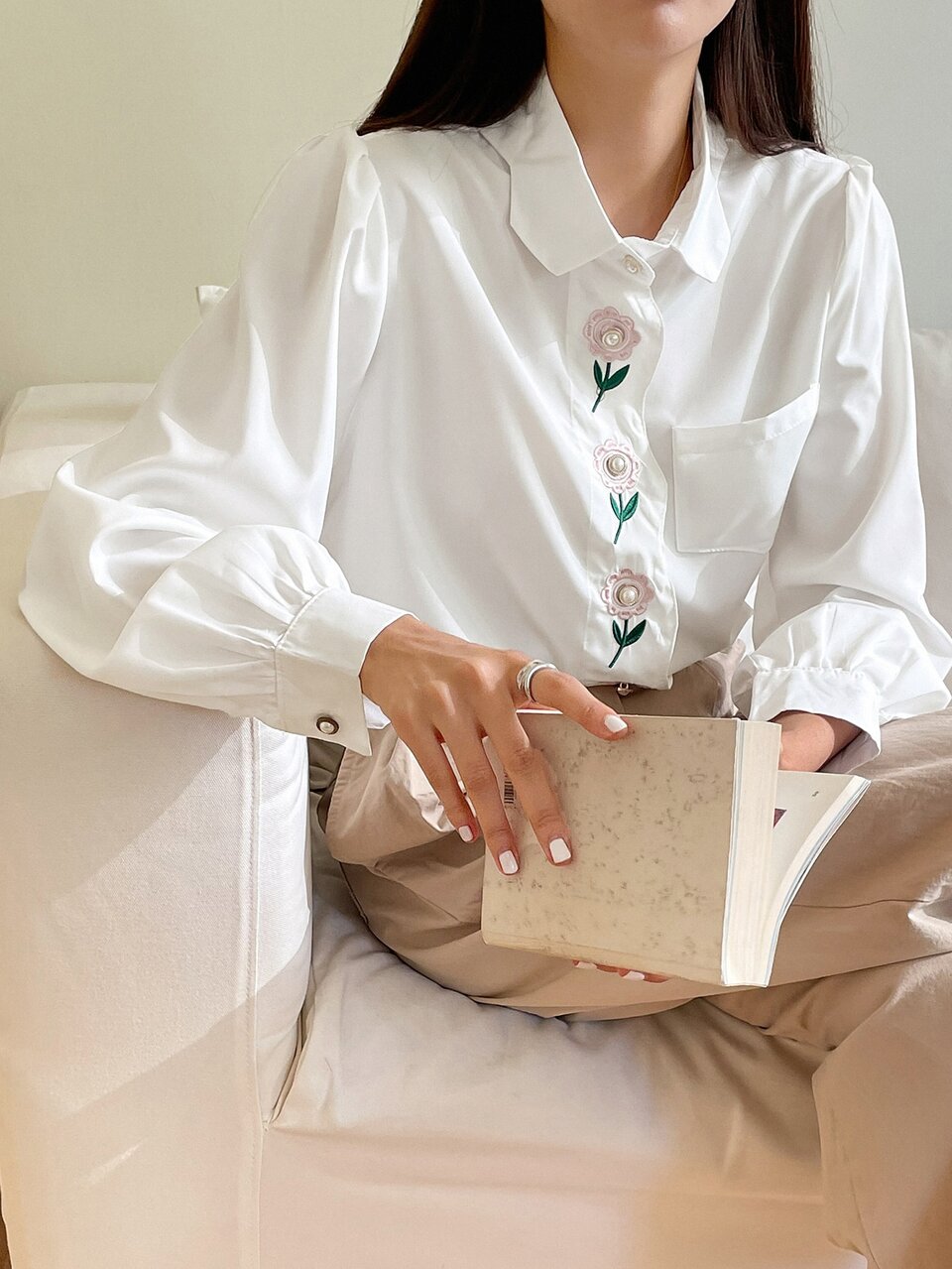 Floral Embroidery Lantern Sleeve Shirt,Fall Women Clothes Long Sleeve Top