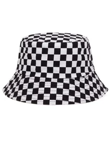 Men Checkered Pattern Bucket Hat Street Casual - Black and White - View 2