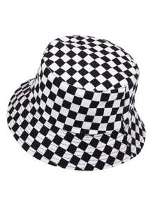 Men Checkered Pattern Bucket Hat Street Casual - Black and White - View 4