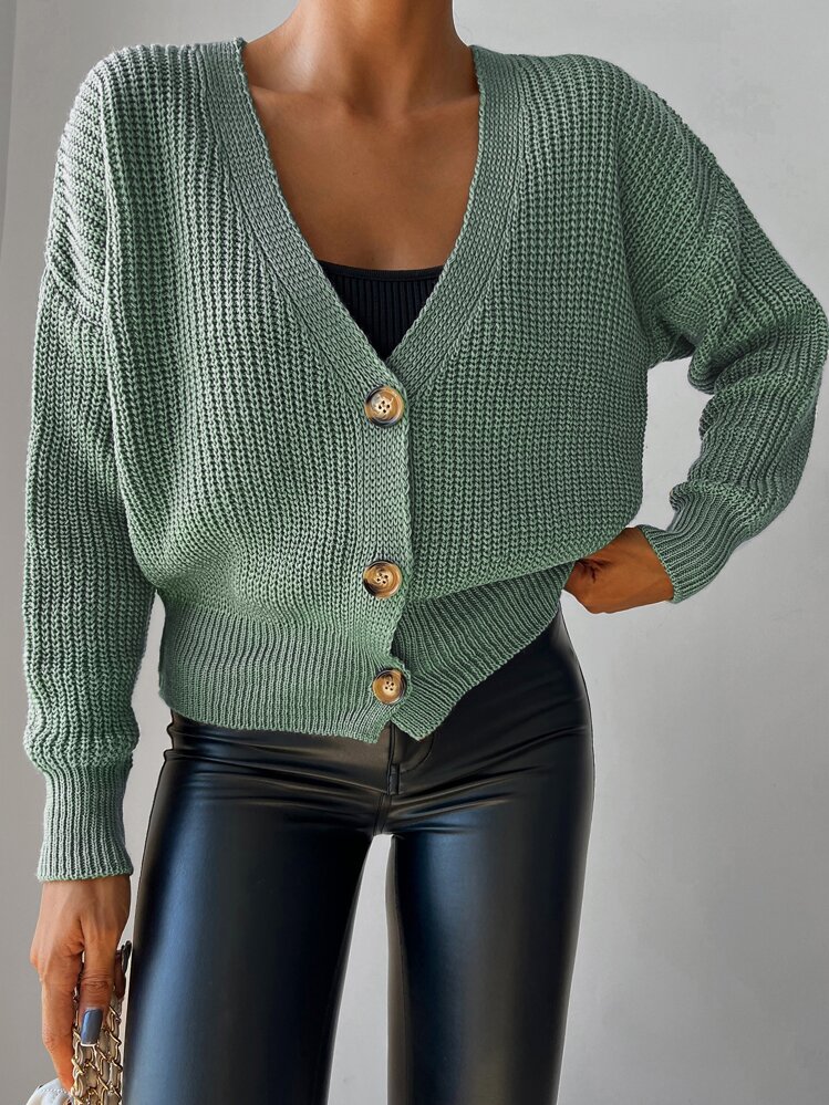 Cardigan mit Drop Shoulder Rippenstrick - Minzgrün - Übersicht 1