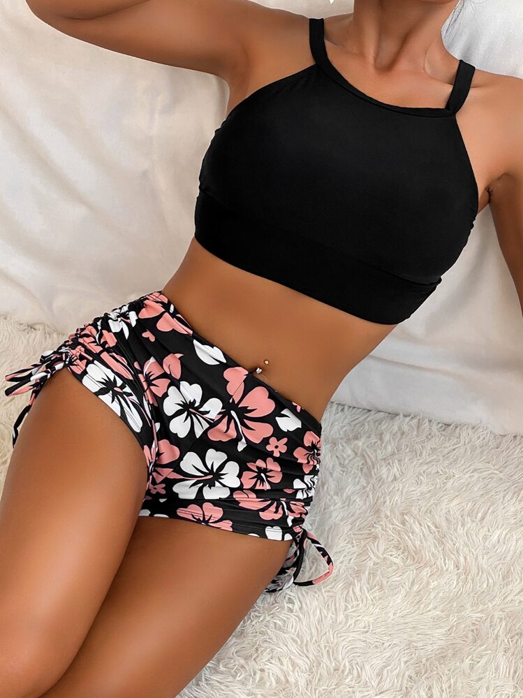 Swim Lushoire Conjunto de 2 piezas para bikini con camiseta de tirantes y pantalones cortos con cordón estampado floral aleatorio para playa de verano - Negro - Añade 1