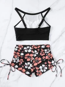 Swim Lushoire Summer Beach Random Floral Print Set Cami Top & Drawstring Shorts 2 Pieces Bikini Set