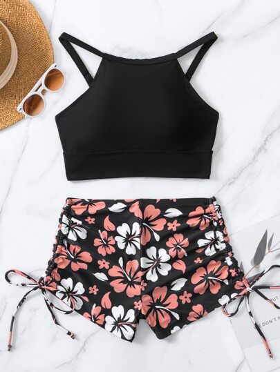 Summer Beach Random Floral Print Set Cami Top & Drawstring Shorts 2 Pieces Bikini Set