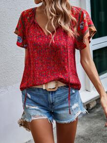 EMERY ROSE 印花繫帶領蝴蝶袖襯衫 - 彩色 - 查看 6