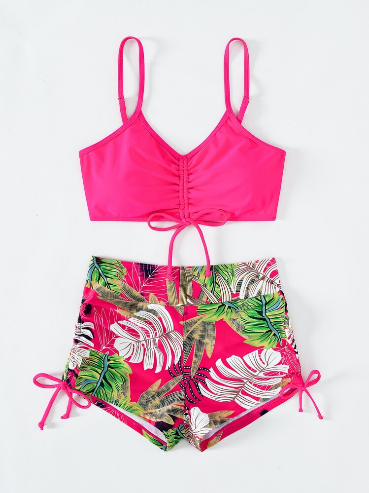 Slaydiva Conjunto de bikini con estampado tropical, sujetador de tirantes con cordón y calzoncillos tipo bóxer, traje de baño de 2 piezas - Rosa Fucsia - Añade 6
