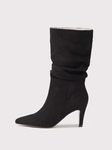 Ideal With Sweater,Women's Black Pleated Pointed Toe Mid Heel Pull On Suede Ankle Boots For Fall/Winter - Black - View 3