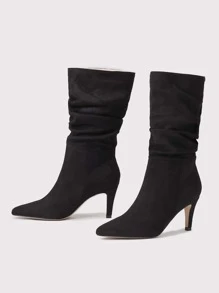 Ideal With Sweater,Women's Black Pleated Pointed Toe Mid Heel Pull On Suede Ankle Boots For Fall/Winter - Black - View 4