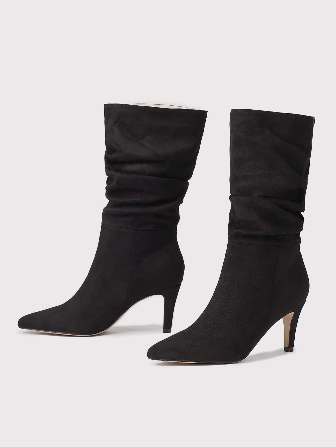 Ideal With Sweater,Women's Black Pleated Pointed Toe Mid Heel Pull On Suede Ankle Boots For Fall/Winter - Black - View 4