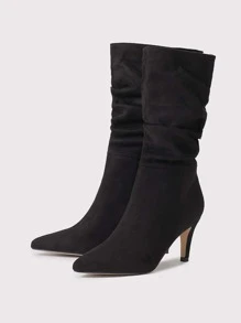 Ideal With Sweater,Women's Black Pleated Pointed Toe Mid Heel Pull On Suede Ankle Boots For Fall/Winter - Black - View 5