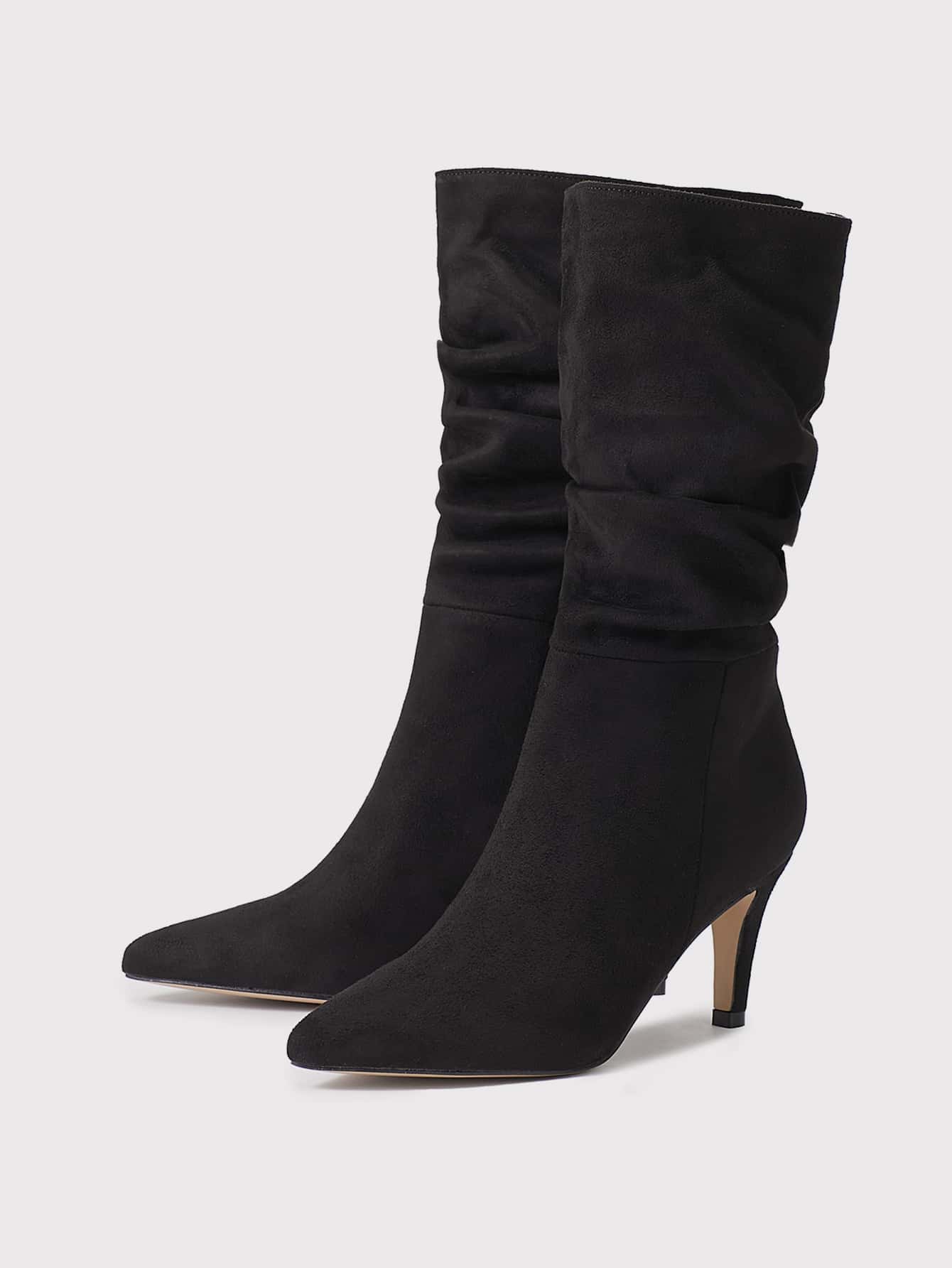 Ideal With Sweater,Women's Black Pleated Pointed Toe Mid Heel Pull On Suede Ankle Boots For Fall/Winter - Black - View 5